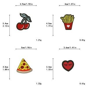 Detailed dimensions and weights for cherry, fries, pizza, and heart embroidered patches