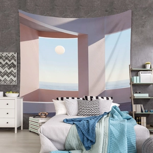 Detail of bohemian wall tapestry with surreal seascape and pink arch in a bedroom setting