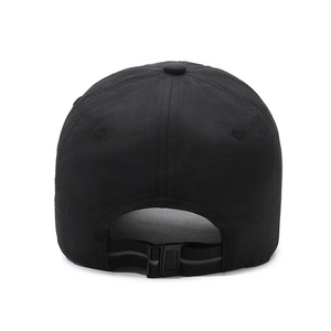 Rear view of black quick-dry baseball cap with adjustable strap and buckle closure