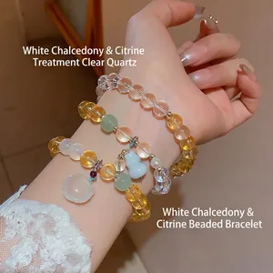 Natural white chalcedony and yellow quartz beaded bracelet set with gourd charm