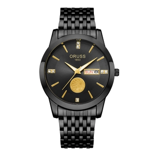 ORUSS 1853 black quartz watch for men with gold markers and luminous day-date display
