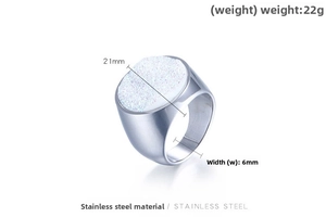 Detail of round druzy stainless steel ring showing 21mm top and 6mm band width
