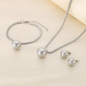 Three-piece 18K silver steel jewelry set with hollow round beads and snake chain
