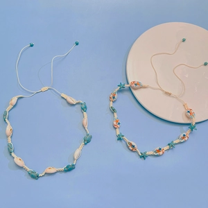 Summer ocean shell jewelry set with handmade braided turtle and starfish necklaces