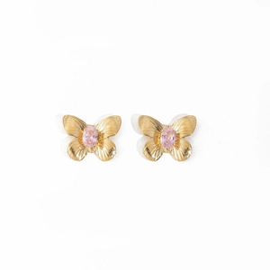 18K gold butterfly earrings with pink crystal center inlay on a white background