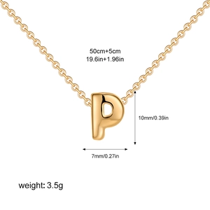 Detail view of gold bubble letter P pendant with size measurements and chain dimensions