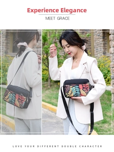 Detailed view of lightweight oxford fabric crossbody bag with vibrant leaf pattern