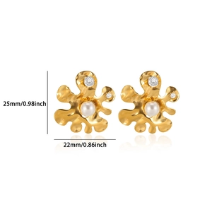 Detail view of gold flower earrings with pearls and zircon featuring 25mm height dimension
