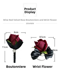 Detail view of burgundy rose boutonniere and wrist corsage set with velvet petals