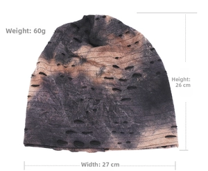 Flat lay of tie-dye distressed beanie with size details Weight 60g Height 26cm Width 27cm