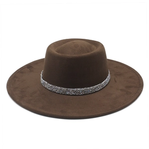 Brown wide brim felt fedora hat with sparkling silver sequin band decoration