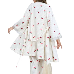 Lace cuff cherry print knit loungewear set with tie-waist robe and long pants