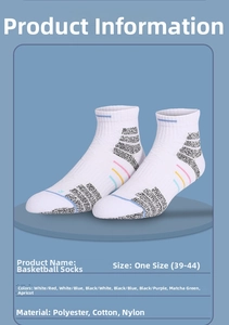 Detail view of white athletic basketball socks featuring multi-colored side stripes