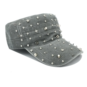 Distressed grey flat top military cap with punk style silver metal star and spike studs
