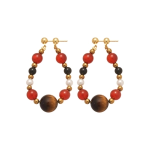 Bohemian pear-shaped earrings with tiger eye stone and pearls on gold plated needles