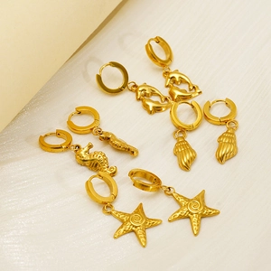 Boucles D'oreilles Thème Océan Acier Inoxydable Plaqué Or 18K Dauphin Hippocampe Coquillage Étoile De Mer Bijoux Été