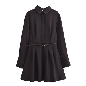 Elegant Black Polyester Shirt Dress Long Sleeve Turn-down Collar With Belt Solid Color Casual Mini Dress For Women