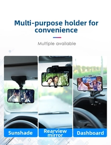 Three-way view of car phone holder on sun visor, rearview mirror, and dashboard