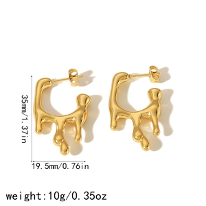 Polished 18k gold stainless steel liquid teardrop earrings with measurements and weight