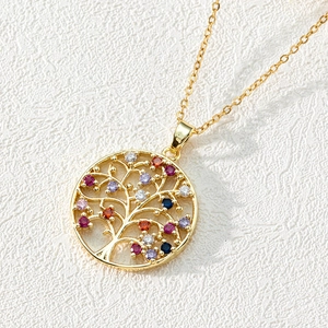 Tree Of Life Pendant Necklace 18K Gold Plated Stainless Steel With Multicolor Zircon Hollow Round Heart Shape Jewelry For Women
