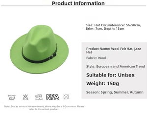 Green wool fedora hat sizing guide showing 56-58cm circumference and 7cm wide brim detail