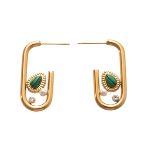 Elegant U-shaped gold earrings with malachite teardrop, pearl and rhinestone accents