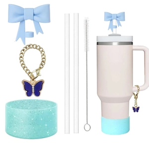 Blue bow straw topper and glitter silicone boot set for 40oz tumblers with charm