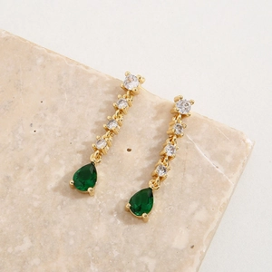Elegant gold drop earrings with rainbow zircon studs and large green water drop gems