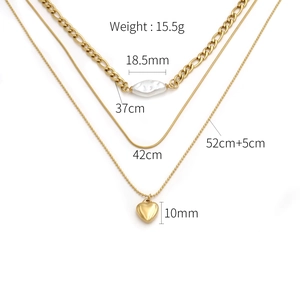Detailed size specifications for the layered gold necklace with heart and pearl pendants