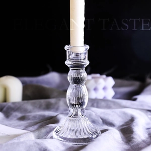 French vintage ribbed glass candle holder with elegant spherical stem design