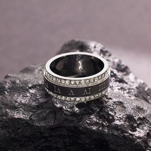 Double-row crystal titanium steel ring with roman numeral engraving on black band