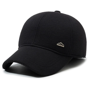 Men's winter wool baseball cap in black with ear protection and mountain metal badge