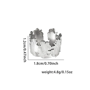 Detailed dimensions of silver leaf open ring showing height and weight specifications