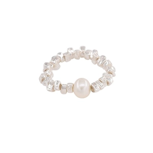 Minimalist silver irregular bead stretch ring with elegant white freshwater pearl