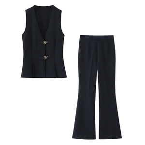 Women Polyester V Neck Vest Sleeveless Top And High Waist Flare Pants Set Casual Streetwear