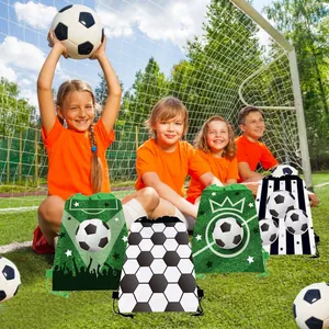 Four soccer theme drawstring gift bags featuring diverse football patterns for sports events