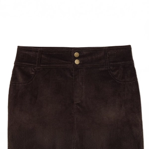 Women's dark brown corduroy mini skirt featuring a stylish double gold button waist design