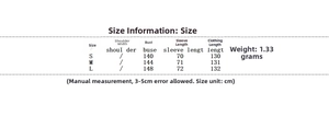 Size chart showing shoulder, bust, sleeve, and length measurements for winter parka