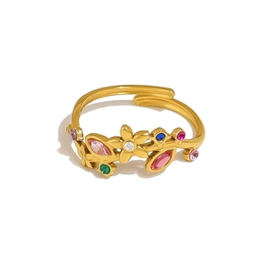 Detail of 18K gold stainless steel open ring with rainbow zircon floral leaves
