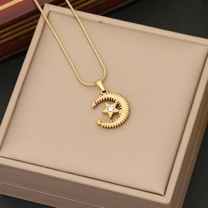Elegant gold stainless steel snake chain necklace with star and moon pendant