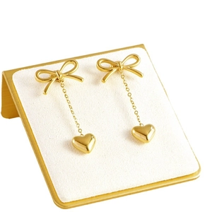 Elegant gold bowknot tassel heart earrings in polished stainless steel for women