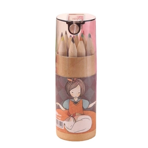 Mini color pencil set in cartoon tube with built-in sharpener lid for school drawing