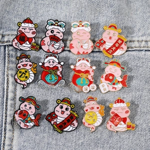 Cartoon Chinese Zodiac Snake enamel pins set with auspicious lucky charms for New Year
