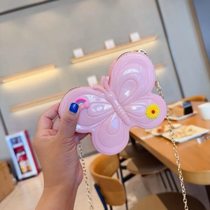 Pink butterfly shaped mini jelly bag for girls with gold chain and cute floral charms