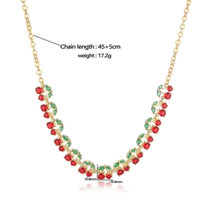 Elegant gold cherry necklace with red and green crystals, chain length 45+5cm and 17.2g weight