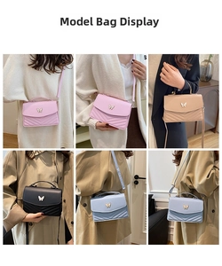 Quilted crossbody bag with butterfly clasp in pink, beige, and blue shown on a model
