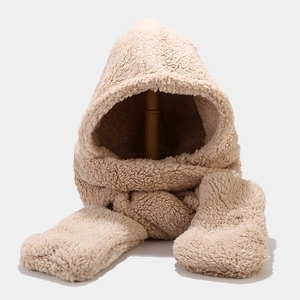 3-in-1 winter hooded scarf with gloves in creamy white faux fur plush material