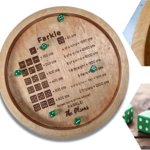 Custom wooden Farkle dice tray with engraved scoring rules and personalized family name
