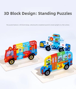 3D wooden vehicle puzzle set with standing fire truck, school bus and police car blocks