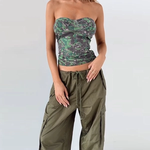 Tight-fit camo print tube top paired with olive green cargo pants for women street style